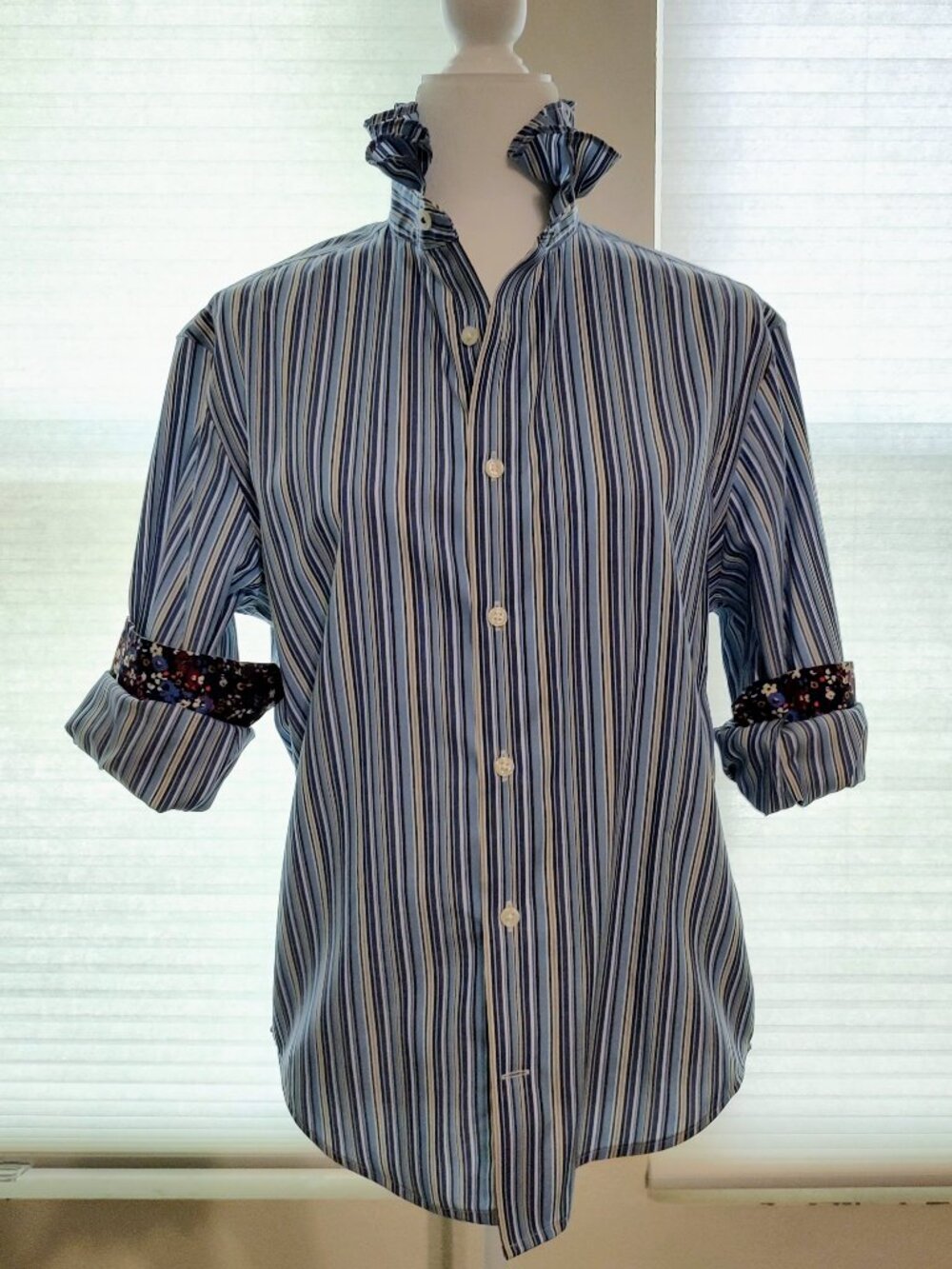 Women's Blue Striped Ruffle-Collar Shirt